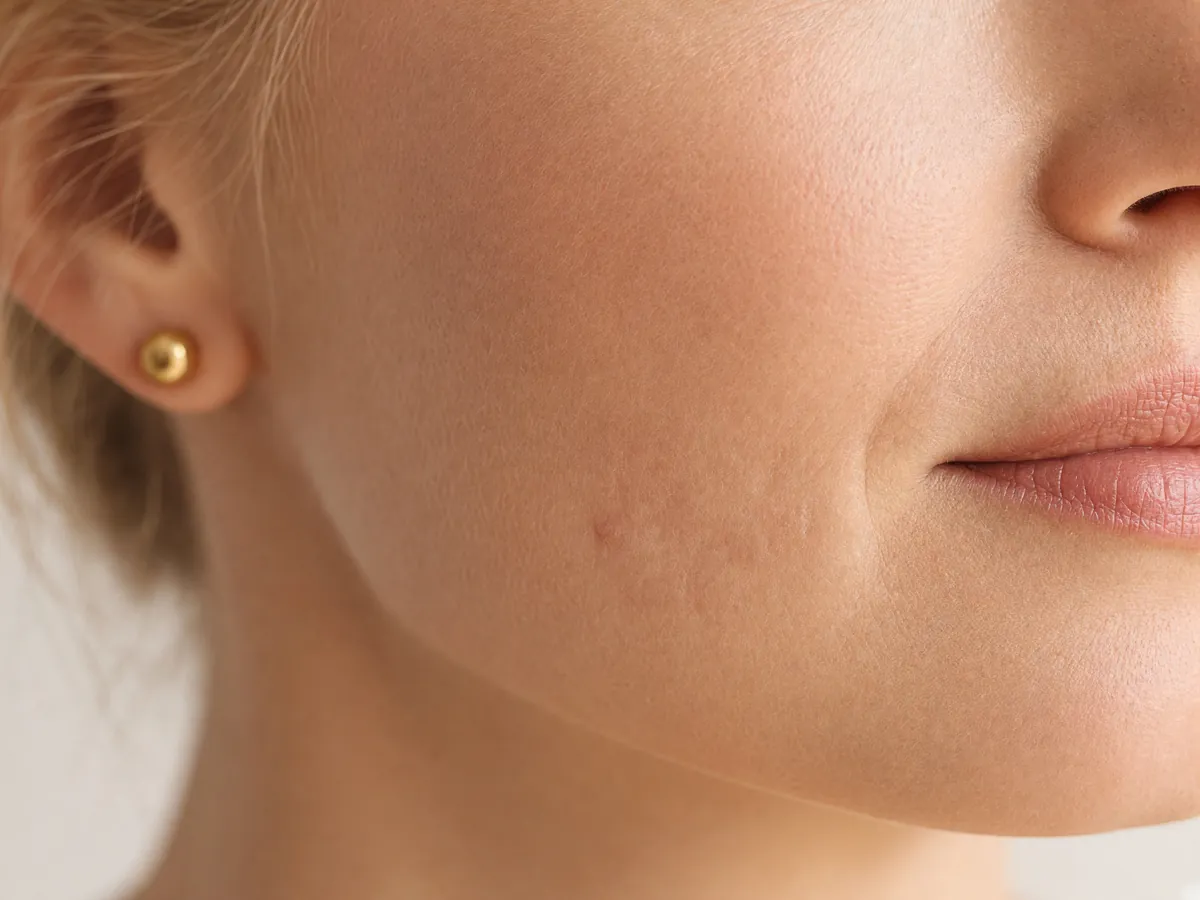 Close-up of acne scars on the cheek