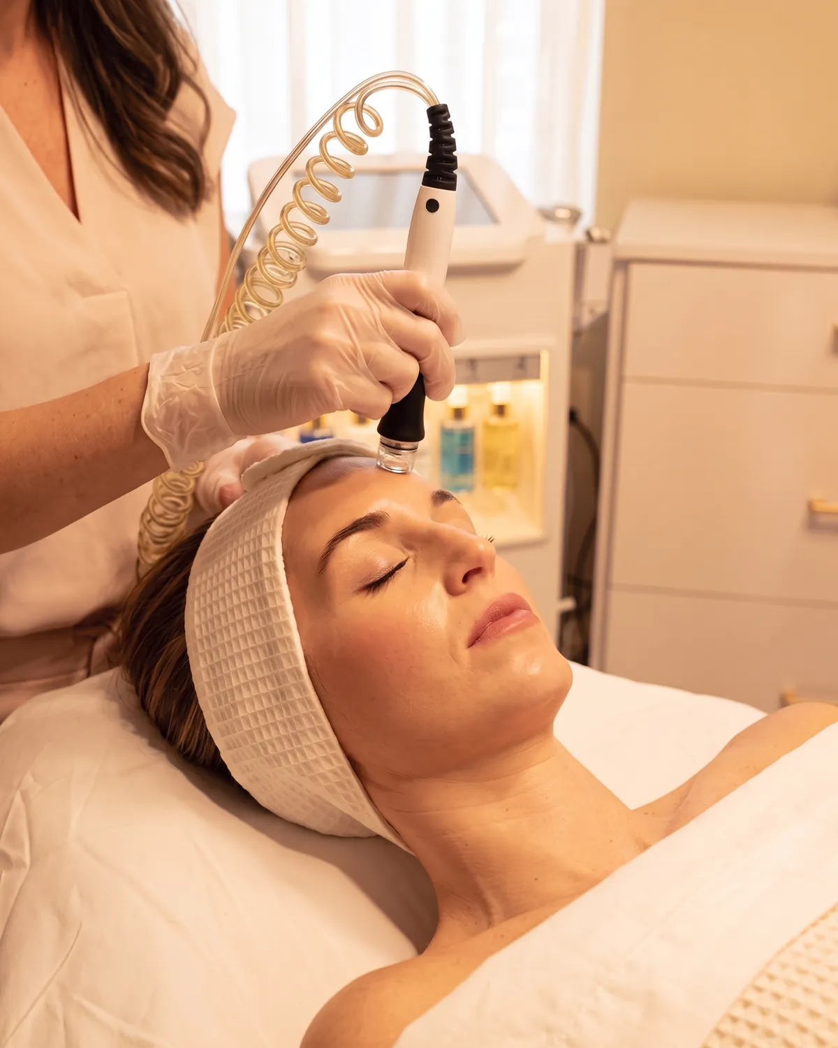 Esthetician using a facial device on a relaxed client's forehead during a facial in Vero Beach