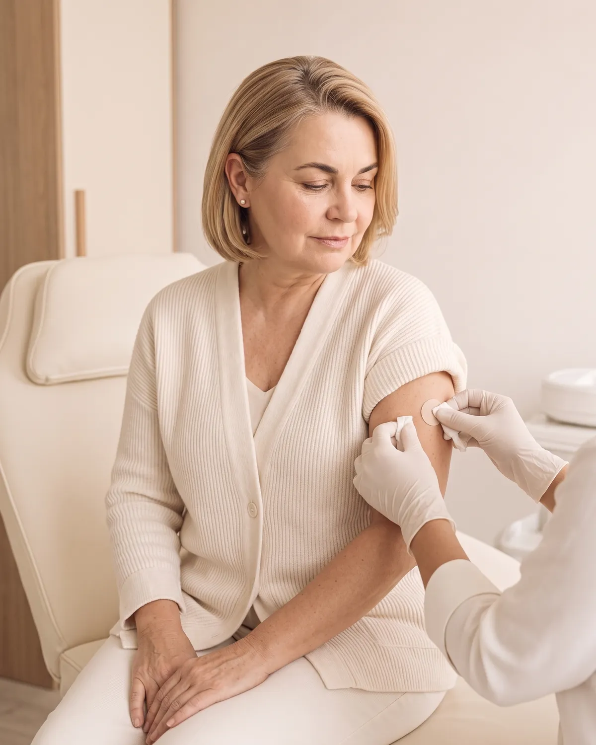 Provider placing a bandage on a woman's upper arm after a hormone therapy injection