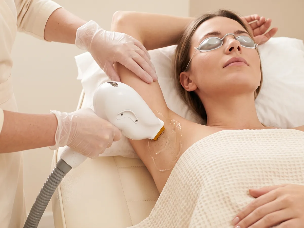 Provider treating the underarm with a laser hair removal handpiece